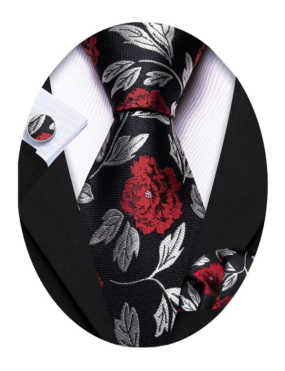 5367 Classic Floral Necktie Set,Black Red,One Size